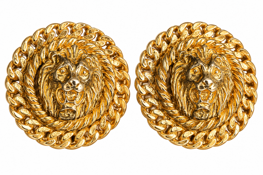 Vintage Anne Klein Gold-Tone Lion Head Statement Clip-On Earrings | Circa 1980s