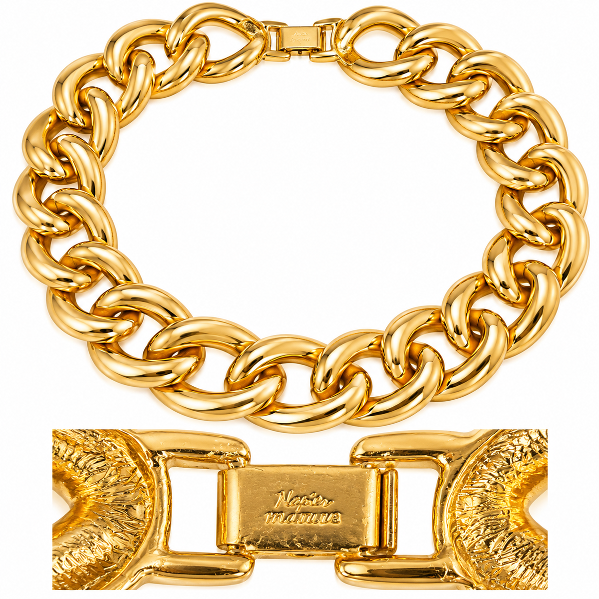 Vintage Napier Pat. Pend Gold-Tone Chunky Curb Chain Statement Necklace | Circa 1980s