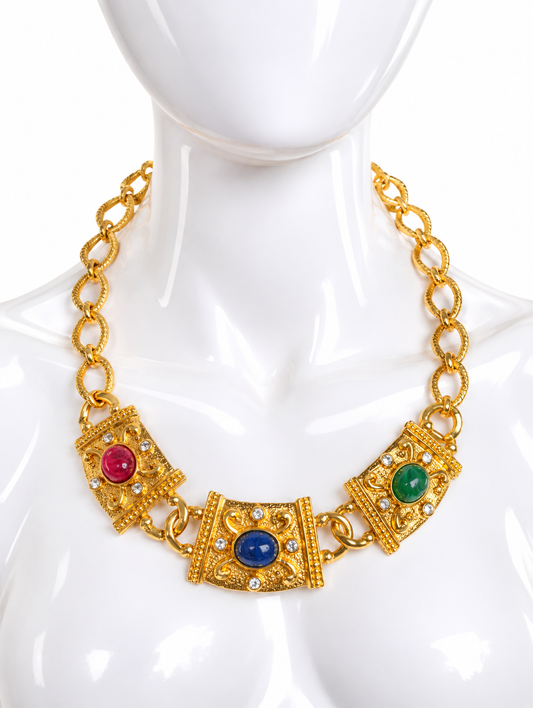 Vintage Avon Gold-Tone Multicolor Cabochon Statement Necklace | Circa 1980s