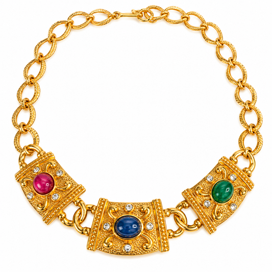 Vintage Avon Gold-Tone Multicolor Cabochon Statement Necklace | Circa 1980s