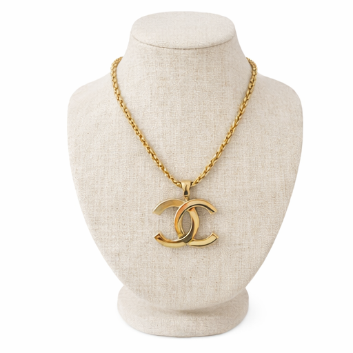 Vintage Chanel CC Logo Necklace 1994 Gold Tone Chain Large Pendant Made in France