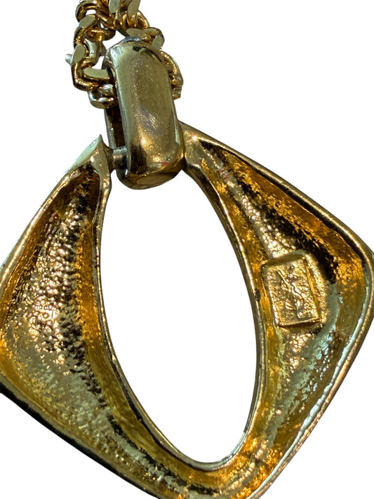 Vintage YSL Yves Saint Laurent Gold Tone Pendant Necklace Crystal Accent Signed