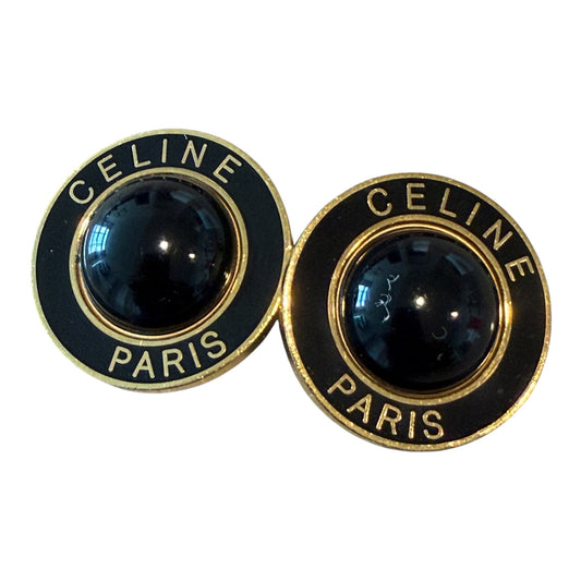 Pendientes de clip Celine Paris negros con logo cabujón