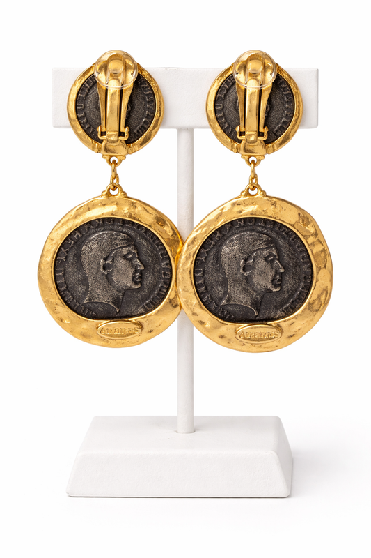 Vintage Ananas Coin Drop Earrings | Gold Tone Roman Medallion Statement Clip-Ons