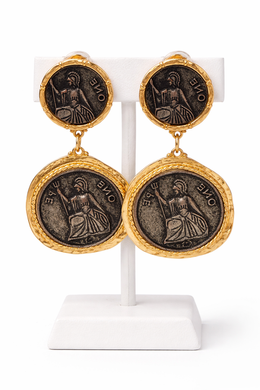 Vintage Ananas Coin Drop Earrings | Gold Tone Roman Medallion Statement Clip-Ons