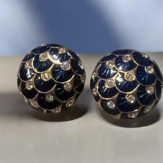Pendientes tipo domo de esmalte azul marino y pedrería Anne Klein vintage | Aretes llamativos tono dorado
