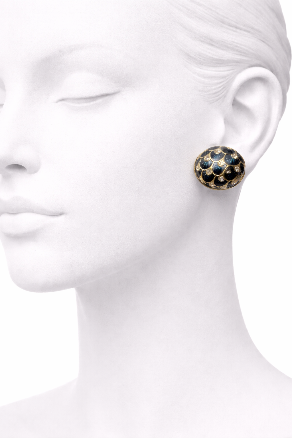 Pendientes tipo domo de esmalte azul marino y pedrería Anne Klein vintage | Aretes llamativos tono dorado