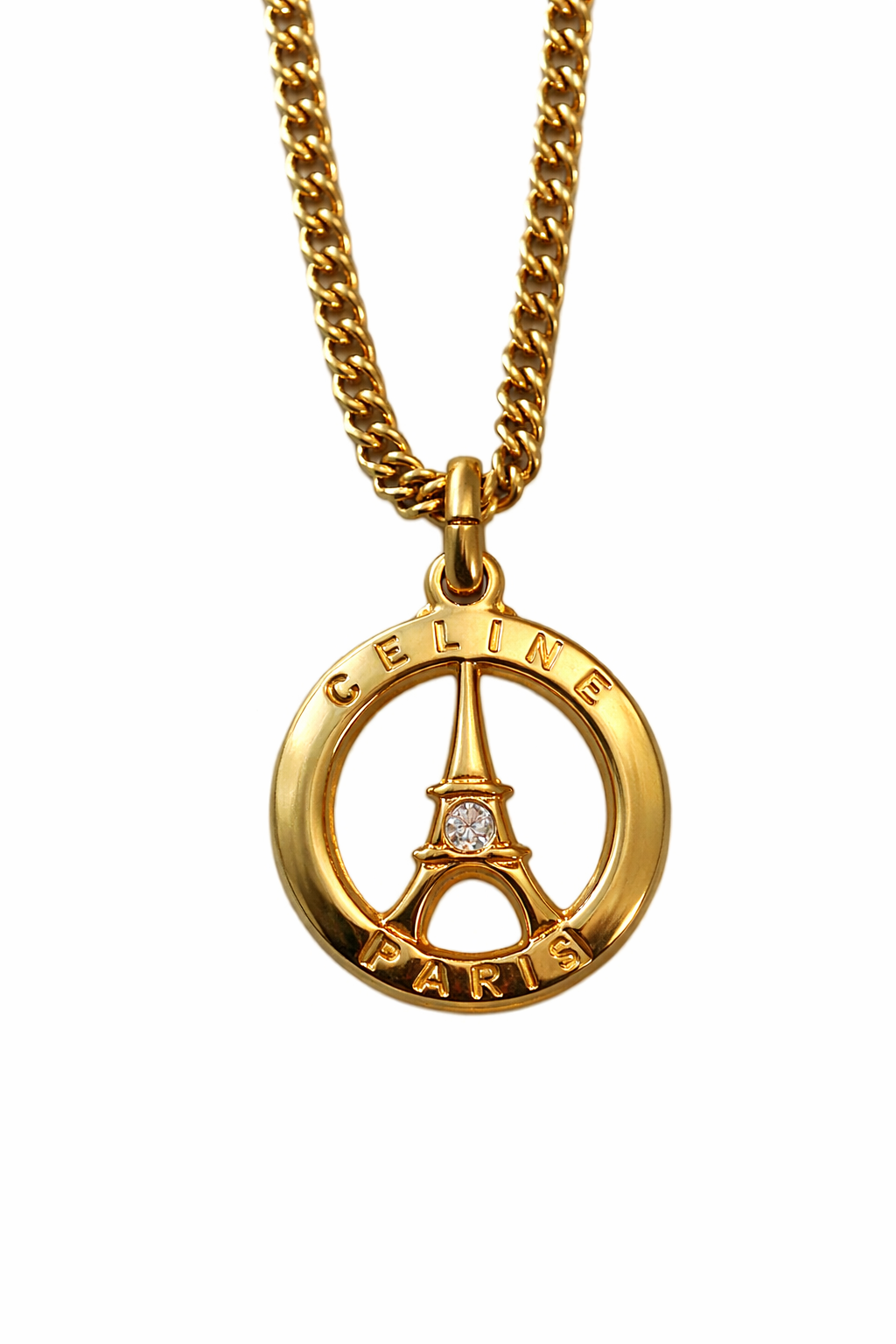 Vintage Celine Paris Eiffel Tower Necklace Gold Tone Designer Pendant Rhinestone Logo
