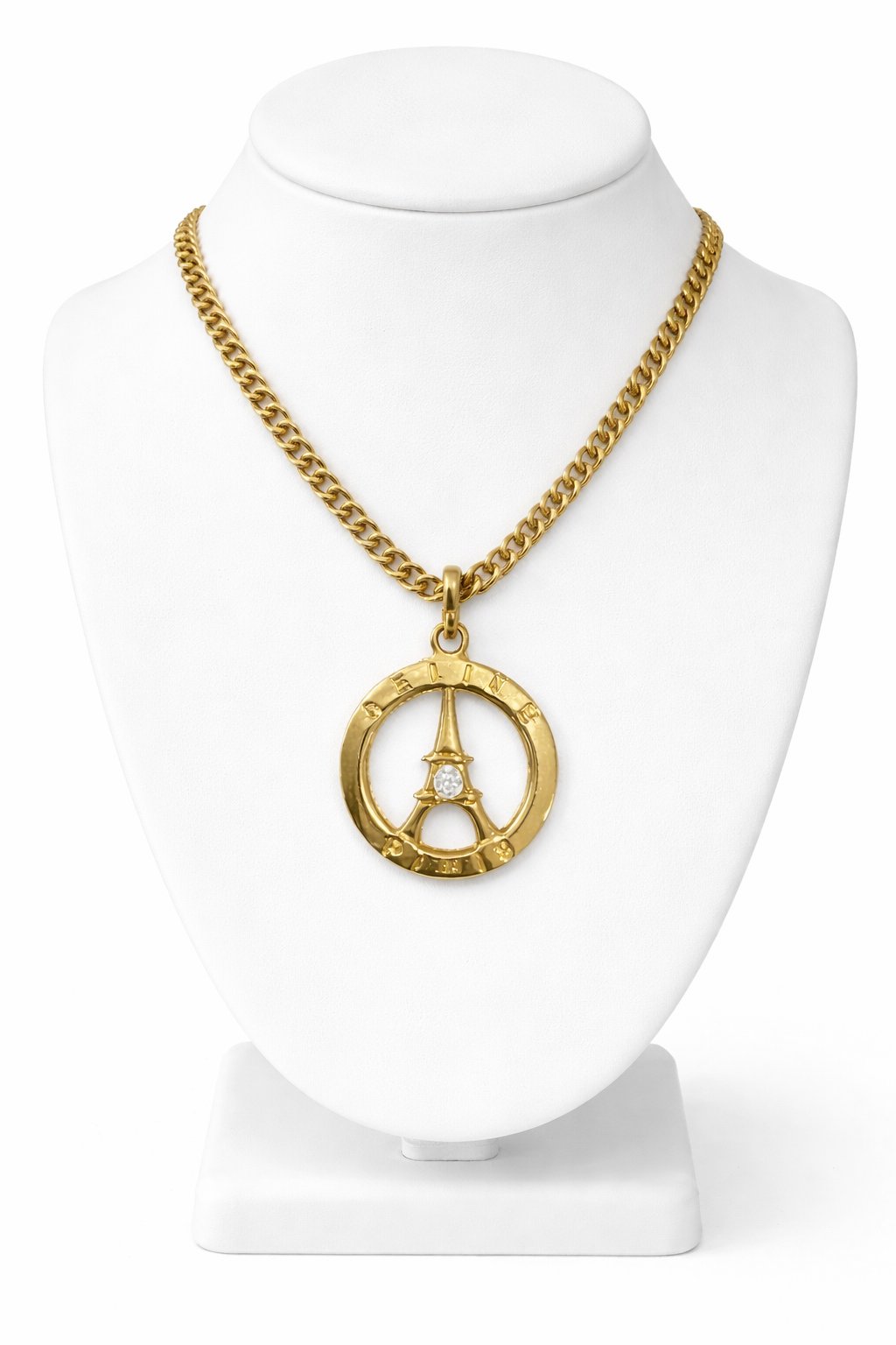 Vintage Celine Paris Eiffel Tower Necklace Gold Tone Designer Pendant Rhinestone Logo