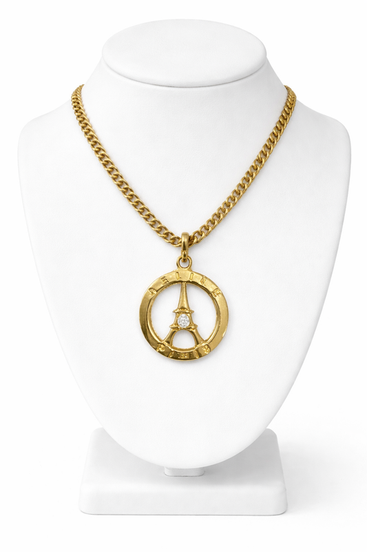 Collar vintage de Celine París, con torre Eiffel, tono dorado, dije de diseñador, logo con pedrería