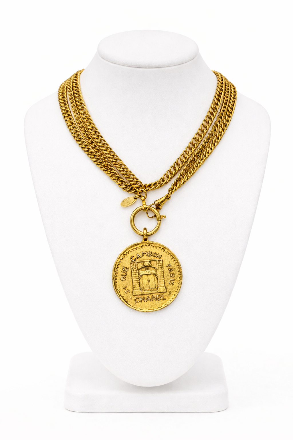 Auténtico collar Chanel vintage con moneda | Medallón Rue Cambon París, cadena tono dorado
