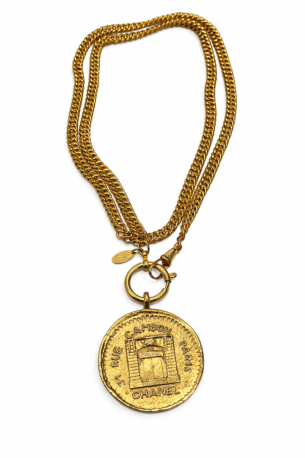 Auténtico collar Chanel vintage con moneda | Medallón Rue Cambon París, cadena tono dorado